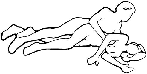 Figure 1 - Both partners lying on side. The man is behind. The woman can have a pillow between her knees. This position is good when the woman has hip problems.