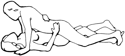 Figure 2 - The woman lies on her back	 knees together	 with pillow under hips and thighs. The man supports his own body weight on his hands and knees. This can be used when the woman has hip or knee problems	 or is unable to move her legs apart.