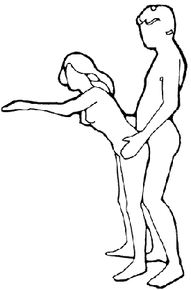Figure 5 - Both partners stand. The man is behind. The woman uses furniture at a comfortable height for support and balance.