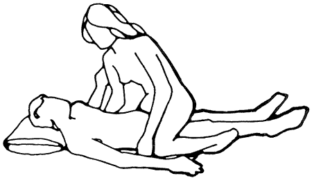 Figure 7 - The man lies on his back. He may use pillows for support. The woman can support her own body weight on her elbows and/or knees. This can be used when the man has hip or knee problems.